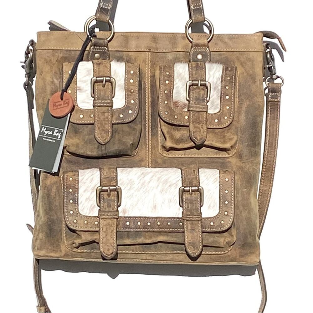 NWT LEATHER CUBE MESA POUCHED CANVAS HAIRON BAG by Myra - Picture 2 of 7
